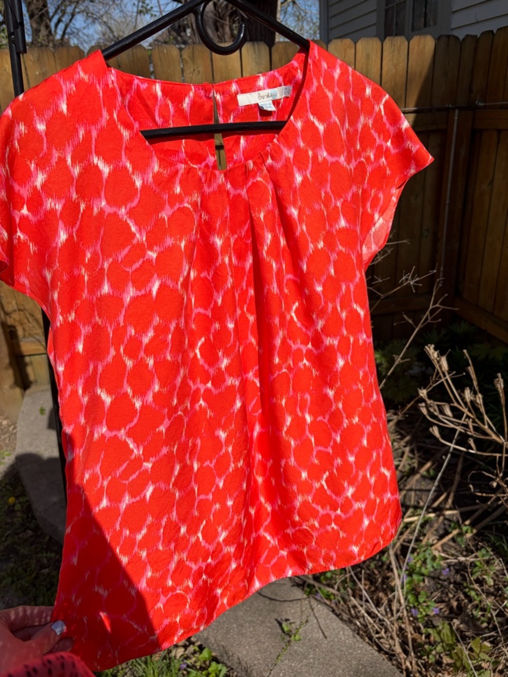 Boden Silk Ikat Print Cap Sleeve Blouse Red Pink Keyhole Back US 6 UK 10